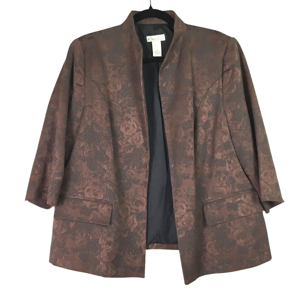Kim Rogers Floral Jacquard Open Front Blazer 14P Brown